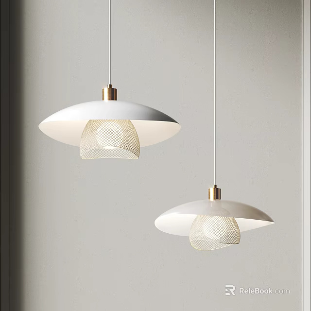 Modern Pendant Lights With White Shades Gold Accents And Mesh Inner Design 3d model 