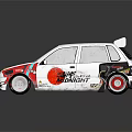 Modified White Rally Car Featuring Black Rear Spoiler Blue Front Section And Colorful Graphics