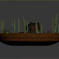Miniature Desert Scene With Cactus Plants Old Wagon And Wooden Boxes In Round Tray