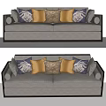 Modern Gray Sectional Sofa Interior With Gold Blue Patterned Cushions And Dark Frame 3d model