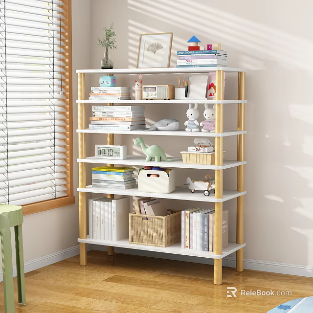 Multilayer Storage Shelf with Books Toys Baskets and Decorative Items in Cozy Room 3d model 