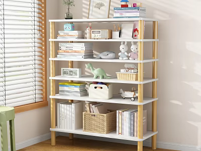Multilayer Storage Shelf with Books Toys Baskets and Decorative Items in Cozy Room 3d model