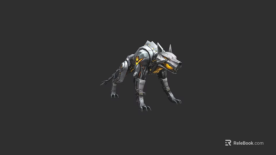 Futuristic Metallic Mechanical Wolf With Glowing Yellow Eyes And Sharp Claws 3d model