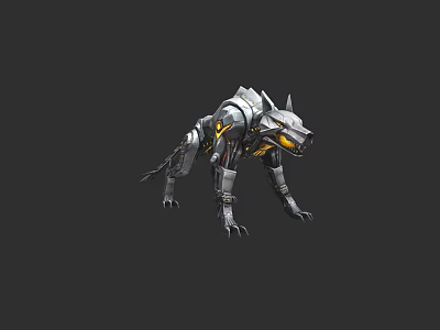Futuristic Metallic Mechanical Wolf With Glowing Yellow Eyes And Sharp Claws 3d model