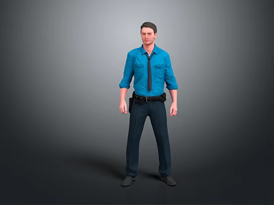 Male Game and Movie Character 3D Model in Blue Shirt Black Tie with Utility Belt 3d model