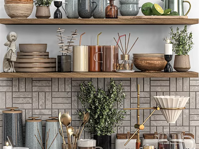 Modern Kitchenware Arranged On Wooden Shelves With Ceramic Bowls Glass Mugs And Potted Herbs 3d model