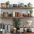 Modern Kitchenware Arranged On Wooden Shelves With Ceramic Bowls Glass Mugs And Potted Herbs
