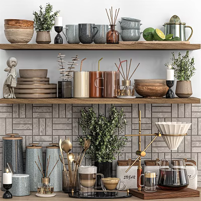 Modern Kitchenware Arranged On Wooden Shelves With Ceramic Bowls Glass Mugs And Potted Herbs 3d model