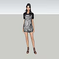 Woman in Patterned Short Dress With Black Top Brown Sandals on White Background