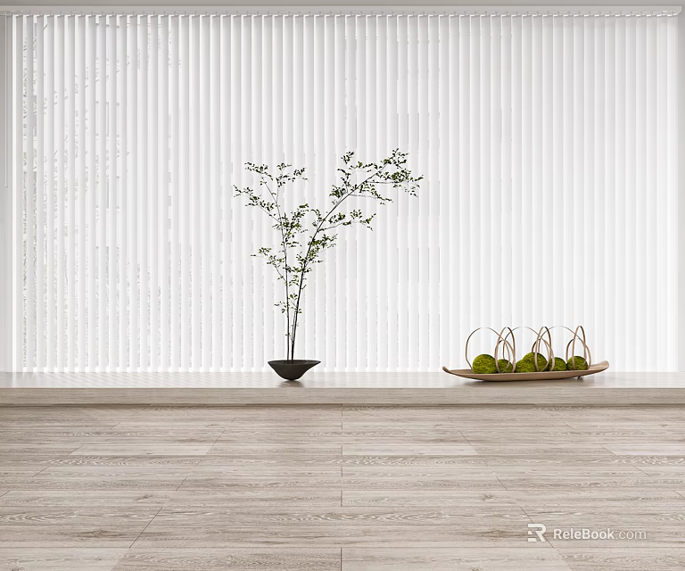 White Vertical Blinds Curtain With Green Plant Black Pot And Wooden Tray On Light Floor 3d model 