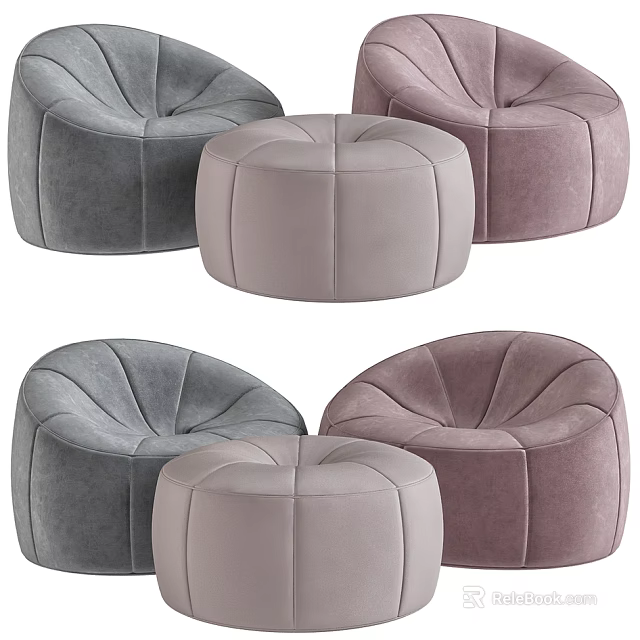 Modern Single Sofa In Soft Colors With Velvet Upholstery And Matching Ottoman 3d model 