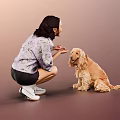 Smiling Woman in Purple Patterned Top Squatting to Interact with Brown Cocker Spaniel