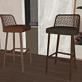 Brown And Gray Bar Stools With Woven Backrest Leather Seat Wooden Legs Modern Interior