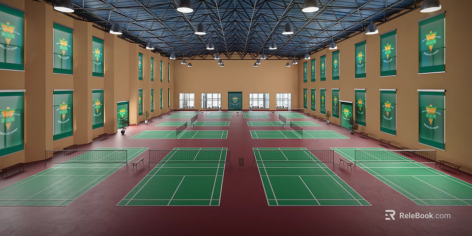 Indoor Badminton Sports Facility With Multiple Green Courts Red Flooring And Ceiling Lights 3d model 