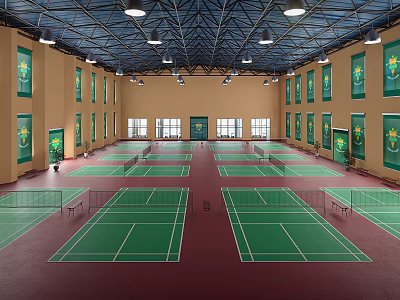 Indoor Badminton Sports Facility With Multiple Green Courts Red Flooring And Ceiling Lights 3d model