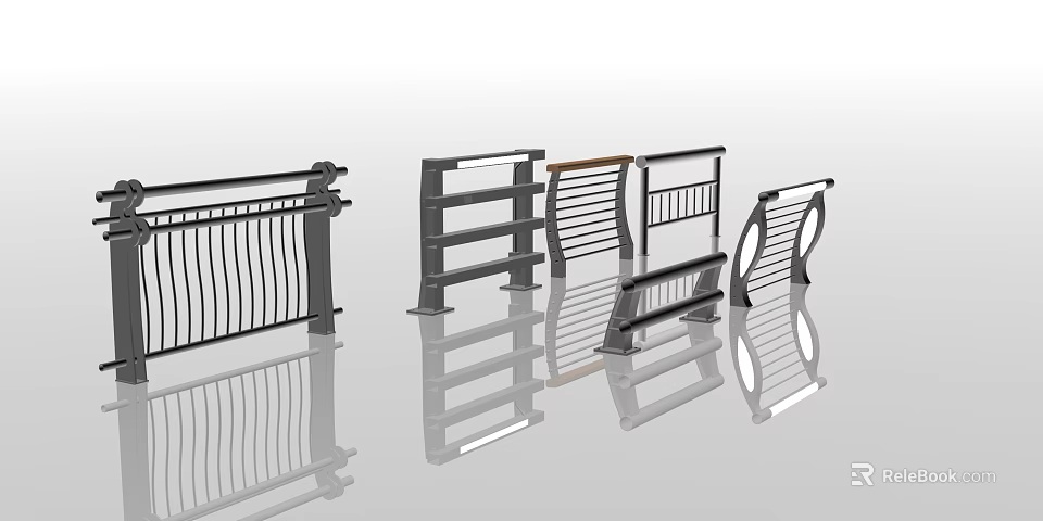 Various Modern Fence Designs With Metal Rails Vertical Slats And Wooden Accents 3d model 