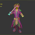 Fantasy Wizard Character in Purple Blue Robe with Hat Holding Decorated Staff and Brown Boots