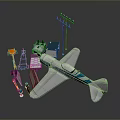 Collection of Model Toys Featuring White Blue Airplane Orange Vehicle And Red Tower