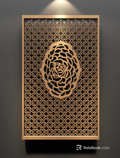 Decorative Room Divider With Golden Rose Pattern And Black Geometric Grid Design 3d model 