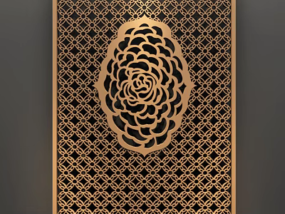 Decorative Room Divider With Golden Rose Pattern And Black Geometric Grid Design 3d model