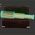 Brass Telescope With Black Leather Wrap In Wooden Box And Gold Metal Decorations