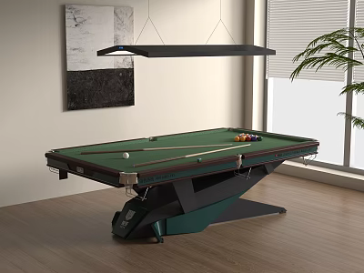 Modern Billiard Table With Green Felt Surface Balls And Cue Sticks In Stylish Room Setting 3d model