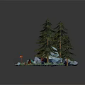 Lush Natural Forest Campsite With Tall Pine Trees Rocks And Burning Campfire