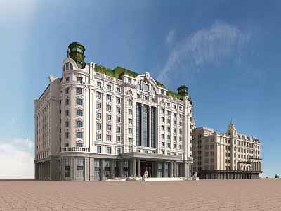 European Style Residential Building With Light Colored Exterior Green Roof Multiple Windows And Symmetrical Design 3d model