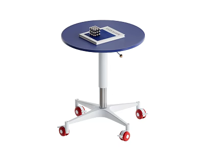 Modern Mobile Side Table with Blue Desktop White Metal Stand Red Wheels and a Book 3d model