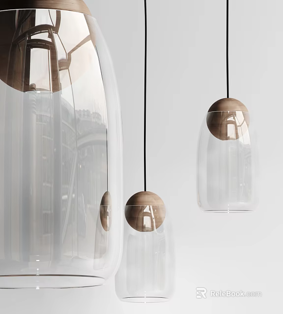 Modern Transparent Glass Pendant Lights With Wooden Accent For Minimalist Interior Design 3d model 
