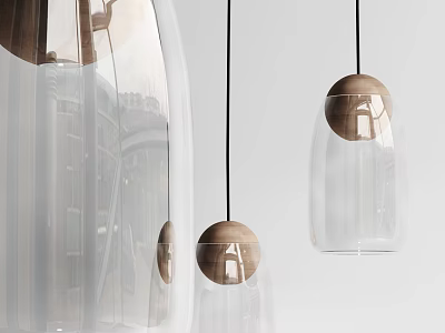 Modern Transparent Glass Pendant Lights With Wooden Accent For Minimalist Interior Design 3d model