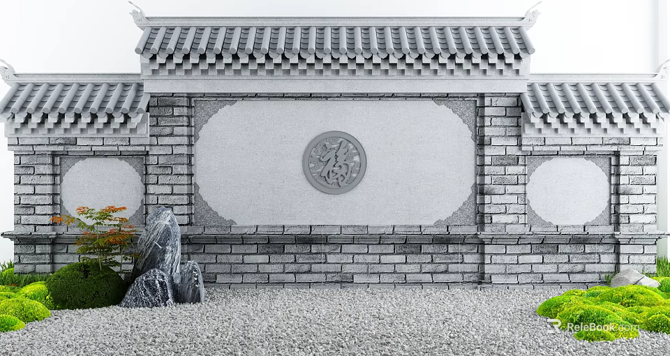 Chinese Scenic Wall with Fu Character Relief Tile Roof Gray Brick Stone and Green Plants 3d model 