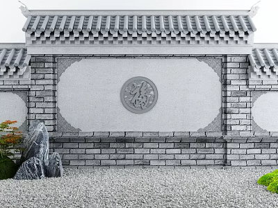 Chinese Scenic Wall with Fu Character Relief Tile Roof Gray Brick Stone and Green Plants 3d model