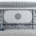 Chinese Scenic Wall with Fu Character Relief Tile Roof Gray Brick Stone and Green Plants