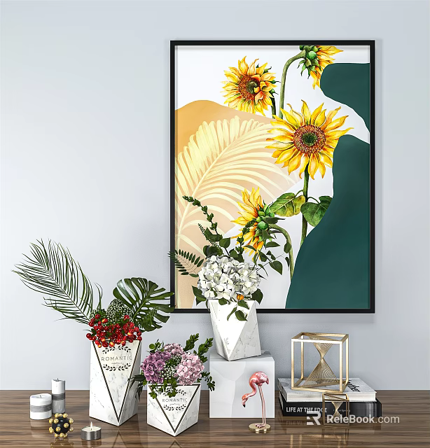 Sunflower Wall Art With Green Leaves And Potted Plants For Home Decor 3d model 