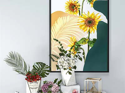 Sunflower Wall Art With Green Leaves And Potted Plants For Home Decor 3d model