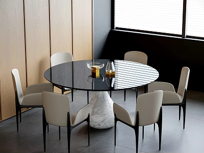 Round Black Tabletop Dining Table Set With Marble Base And Six Beige Chairs 3d model