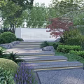 Beautiful Park Landscape With Stone Steps Colorful Trees Purple Flower Beds And Paved Path