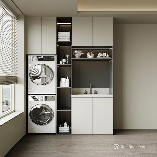 Functional Modern Balcony Cabinet with Washer Dryer Sink and Storage Solutions 3d model 