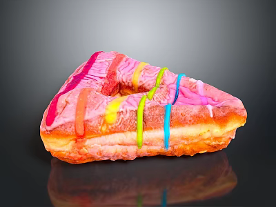 Glossy Triangular Donut With Pink Frosting And Colorful Stripes On Black Surface 3d model