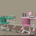 Green and Pink Children's Desk with Adjustable Height Matching Chairs and Stationery