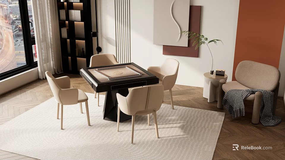Modern Entertainment Table with Four Beige Chairs in Modern Living Room with Rug and Decor 3d model 