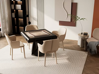 Modern Entertainment Table with Four Beige Chairs in Modern Living Room with Rug and Decor 3d model