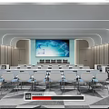 Modern Conference Room With Arranged Tables Chairs Large Screen And Wooden Walls