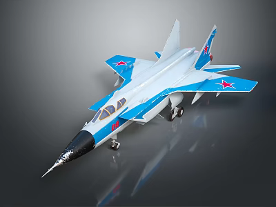 Blue And White Fighter Jet Model With Red Star Markings On Wings And Detailed Design 3d model