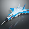Blue And White Fighter Jet Model With Red Star Markings On Wings And Detailed Design