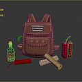 Brown Leather Backpack with Firecrackers Scrolls and Green Bottle on Dark Surface 3d model