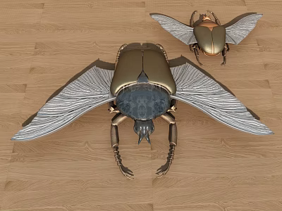 Golden and Silver Winged Beetles with Intricate Wings Placed on Wooden Floor 3d model