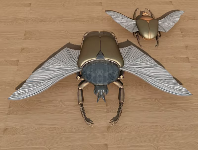 Golden and Silver Winged Beetles with Intricate Wings Placed on Wooden Floor 3d model