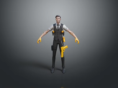 Male Character Wearing Black Vest White Shirt With Yellow Gloves And Tools 3d model
